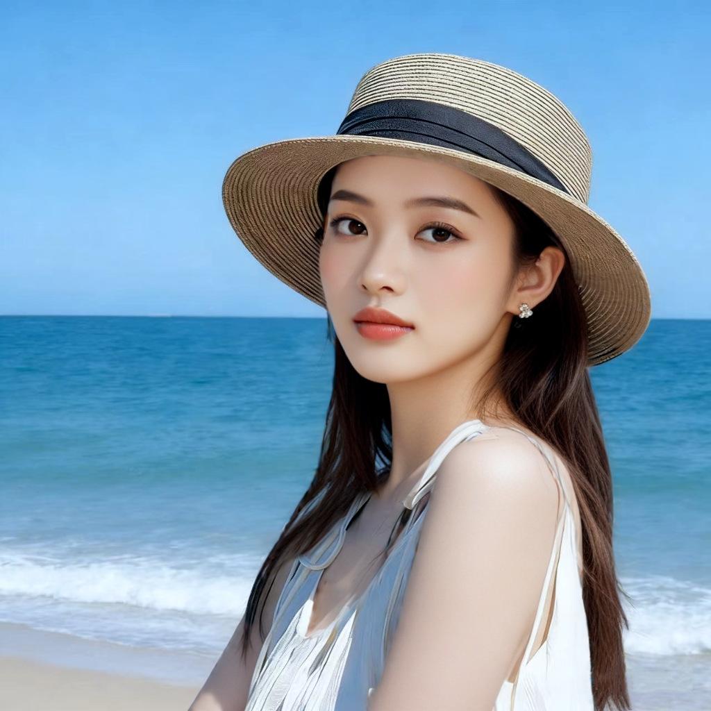 French flat-top straw hat women's beach sun hat summer travel sun hat hot top hat