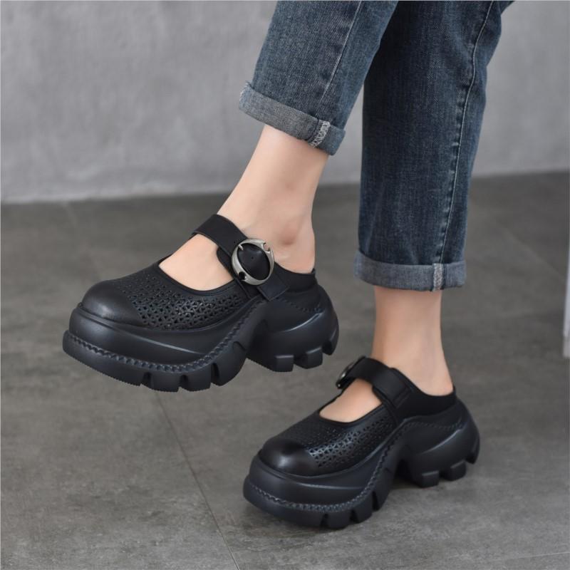 Johnature Легкие тапочки из натуральной кожи с толстой подошвой и круглым носком, дышащие женские туфли с отверстиями