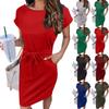 Ladies Casual Fashion Sexy Round Neck Short Sleeve Belted Solid Color Dress