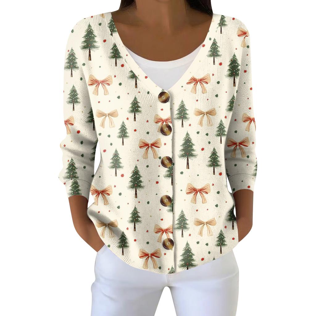 Women's Fashion Long Sleeve Christmas Snowman Snowflake Print Jacket Cardigan