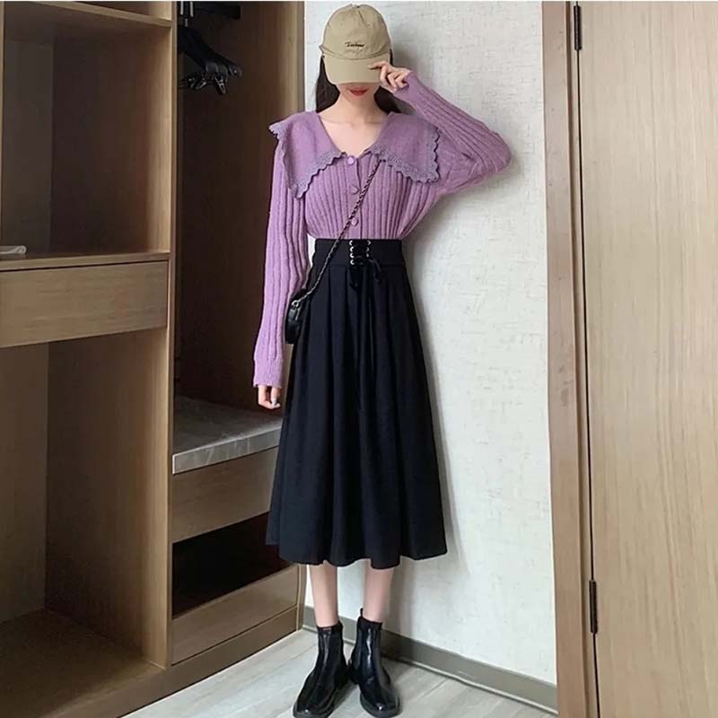 Винтажная женская юбка трапециевидного силуэта с высокой талией, эластичная плиссированная юбка средней длины на шнуровке, весна и осень