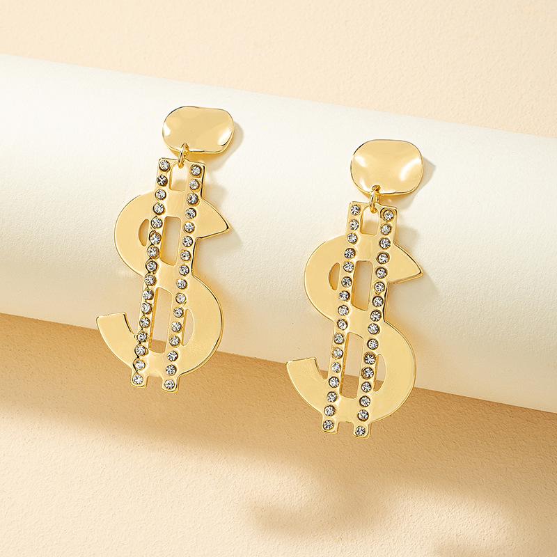 Преувеличенные серьги-подвески в стиле хип-хоп со знаком доллара и стразами для женщин – Европейский и американский стиль