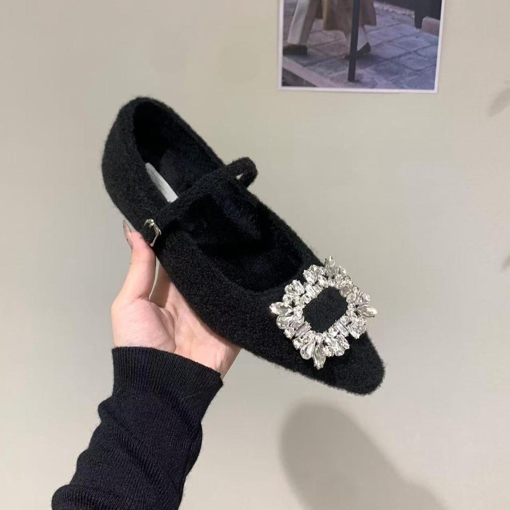 Внутреннее увеличение роста стразы замша черные одинарные туфли женская обувь 2024 осень и зима с юбкой плюшевые Мэри Джейн пушистые туфли