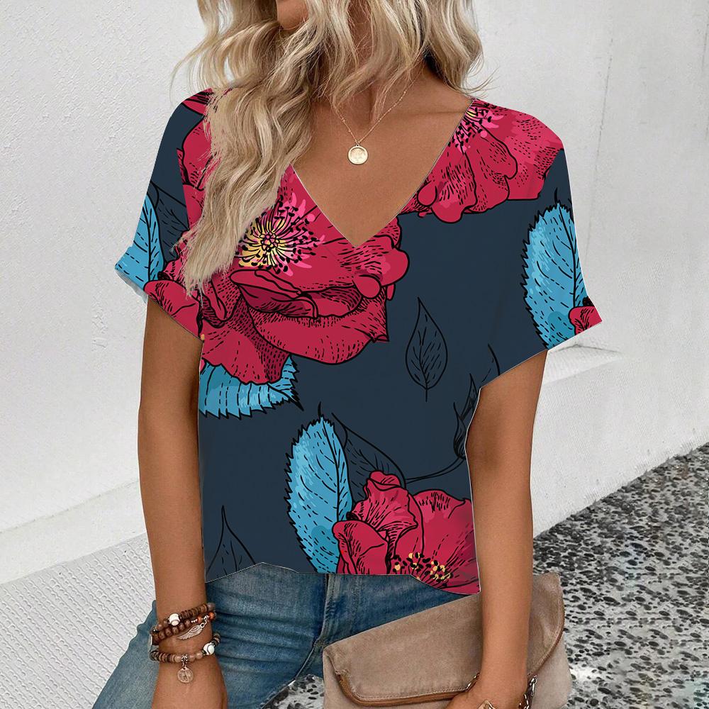 Футболка с V-образным вырезом для лета Женская футболка с ретро-цветочным принтом Модная футболка с принтом Элегантная футболка с короткими рукавами