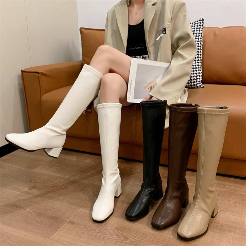 2024 Knee High Boots Women Fleece Chunky High Heels Back Zipper Thigh High Boots PU Leather Shoes Fashion Winter Long Boots