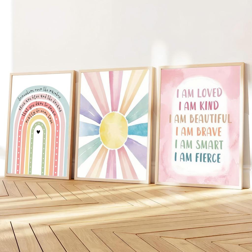 6Pcs Pink Boho Sun Rainbow Wall Art Colorful Heart Pattern Poster Prints Girl Power Canvas Pictures for Toddler Nursery Girl Kids Room