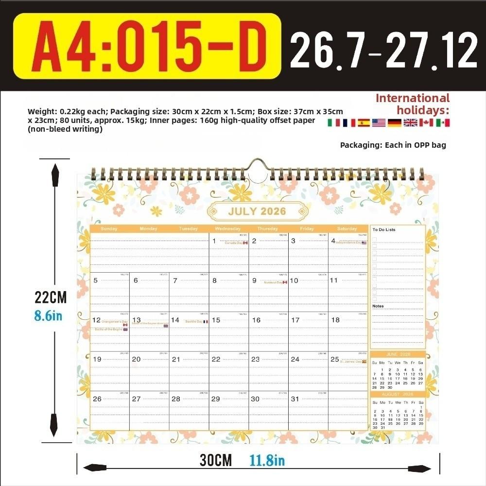 Thick Paper English Calendar Holidays Marked Daily Study 18 Months Calendar Hook Hanging July 2026-December 2027 Wall Calendar