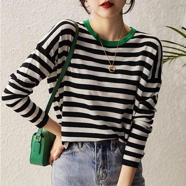 Round Neck Striped Clashing Knit Sweater Women's Sweater Gentle Style Loose Outer Top