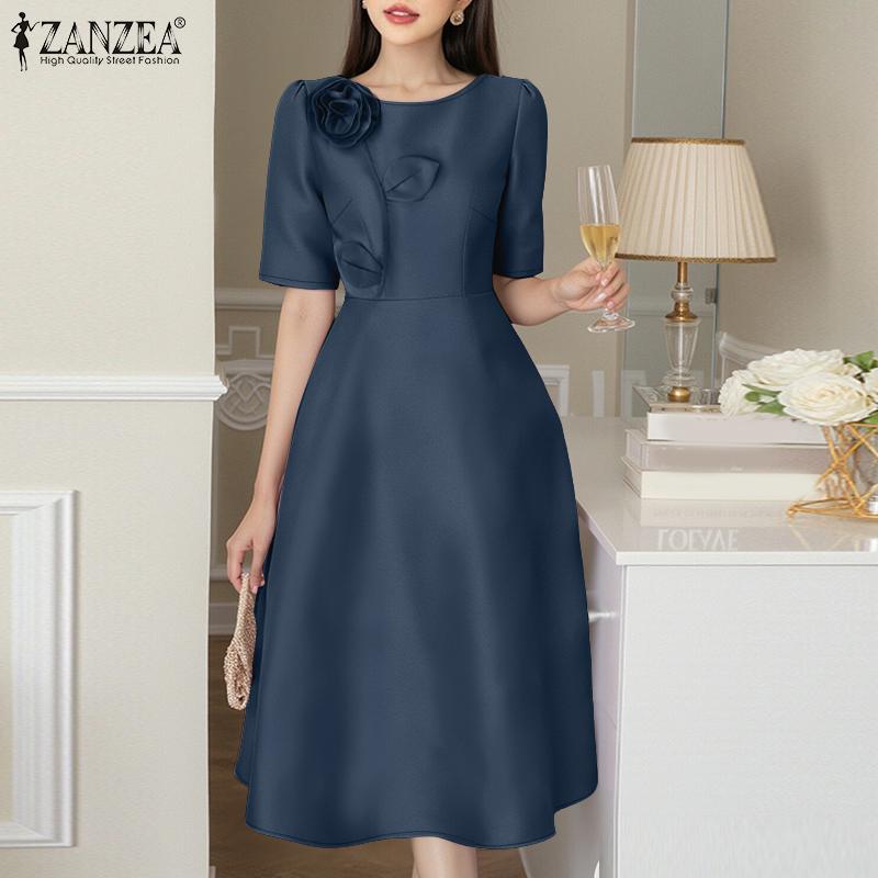 ZANZEA Women Summer Casual 3D Flower Splice Short Sleeve Dress