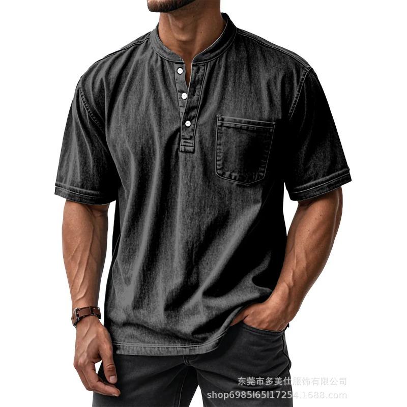 Мужская повседневная джинсовая футболка-henley с коротким рукавом, карманом и воротником-стойкой, с эффектом потертости