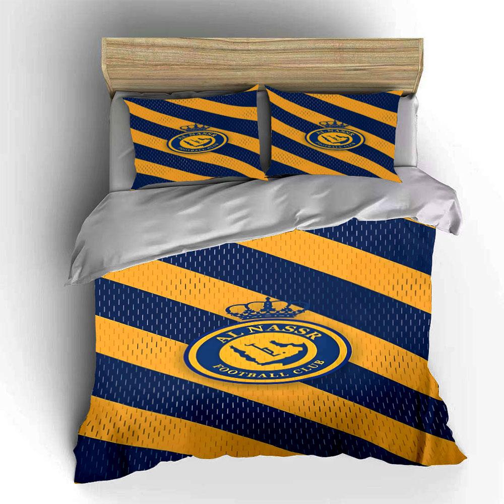 Yellow-blue stripes, Al-Nassr logo. Bedding sets Duvet cover sets Duvet covers Pillowcases(1*Duvet Cover 2*Pillowcases without duvet insert)