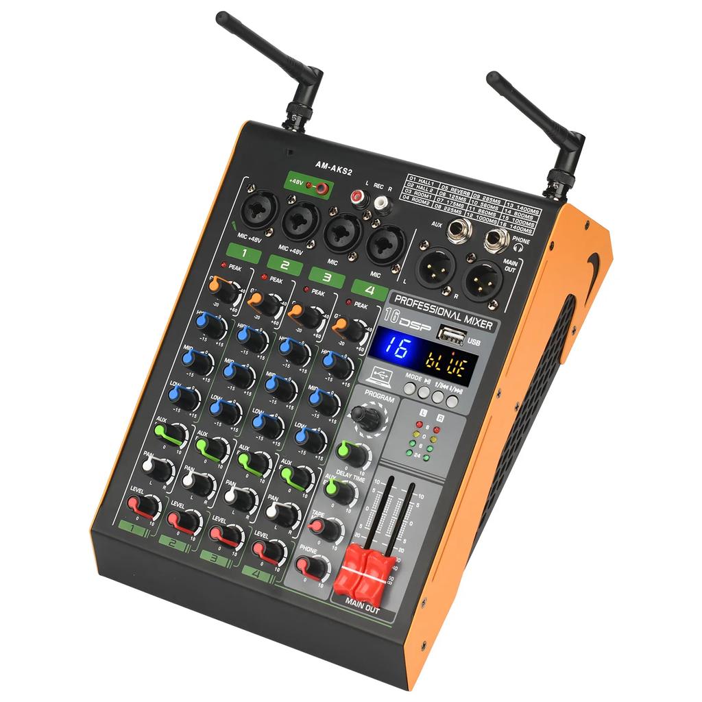 4 Channel Mixing Console with 2 UHF Wireless Microphone Bluetooth 16 DSP USB Computer Record PC Sound Audio Mixer AM-AKS2