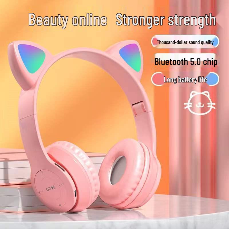 Bluetooth-гарнитура P47M, проводная, со слотом для карты: Многофункциональный аксессуар для ушей с кошачьими ушками.