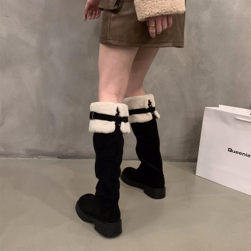 2024 Thick Sole Snow Boots Women's Faux Over-the-Knee Boots New Winter Plush Warm Furry Boots Belt Buckle Casual Cotton Shoes