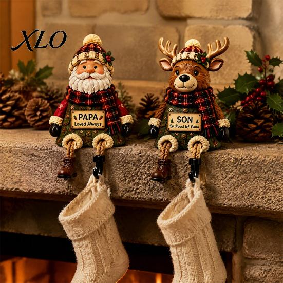 Plush Scarf Santa Decor Christmas Stocking Holder, Mantel Resin Sitting Leg Hook, Organizer Hook Festive Character Ornament for Holiday Home Fireplace