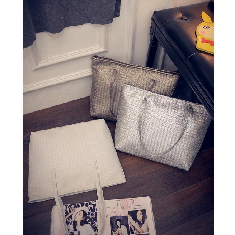 Stylish Large Capacity Pu Tote Bag For Women Retro Casual Woven Shoulder Handbag