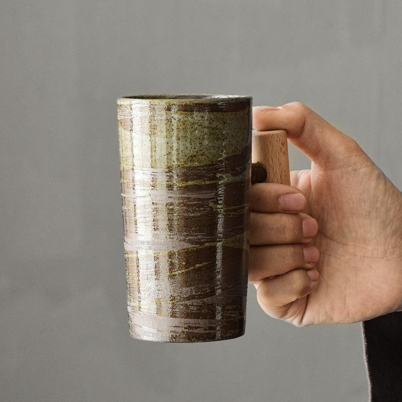 Coarse Pottery Coffee Cup Hand-Punched Retro Kiln-Changed Wooden Handle Mug Japanese Handmade Personalized Couple Pair Cup Household Water Cup