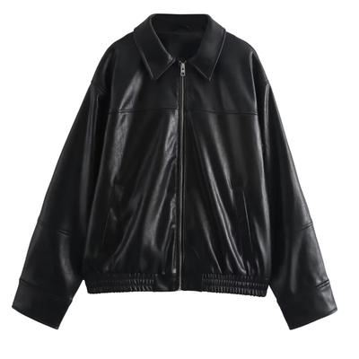 Женские куртки Укороченная куртка из искусственной кожи Женская осенняя куртка-бомбер с длинным рукавом Черная модная демисезонная куртка