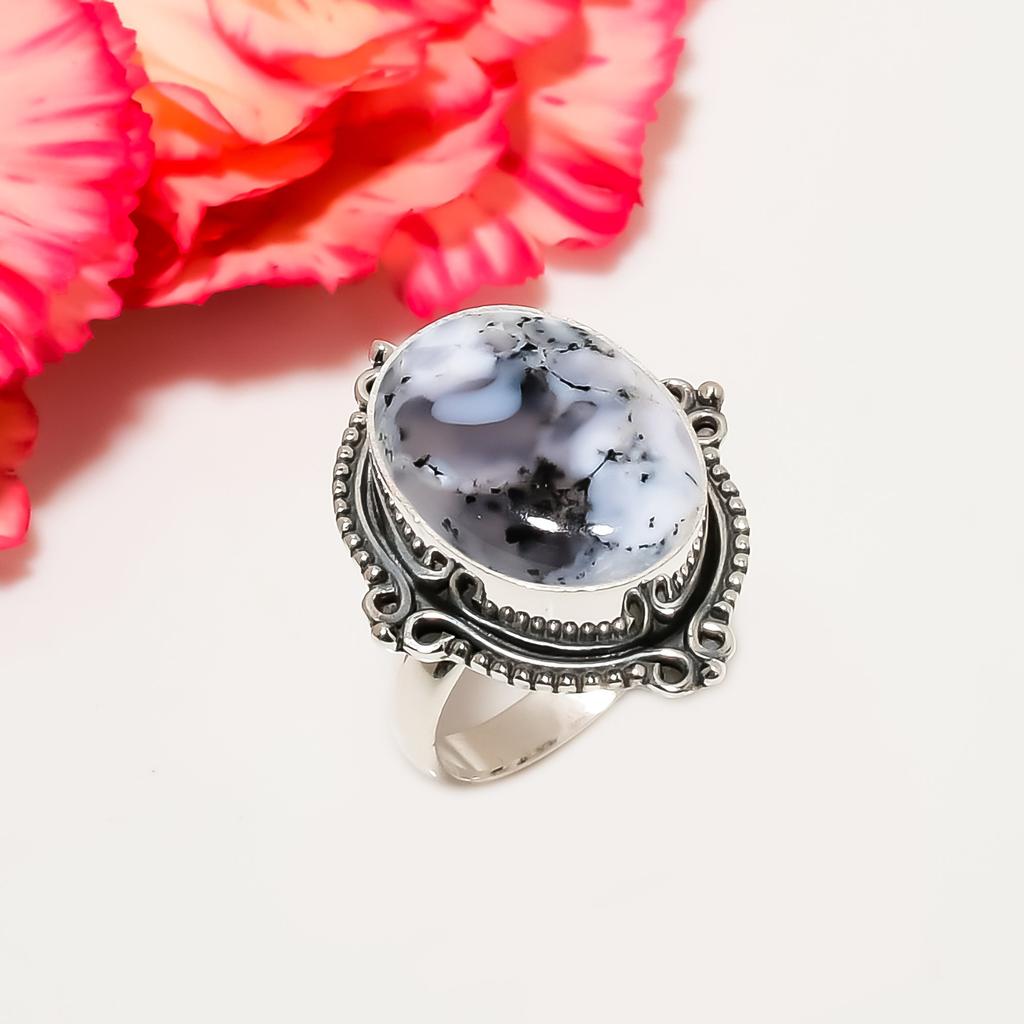 Дендритовый агат - бразильское кольцо из стерлингового серебра 925 пробы V4556, белое кольцо, овальное кольцо, подарок на День святого Валентина, подарок для нее, подарок на день рождения, ювелирные изделия ручной работы, Si