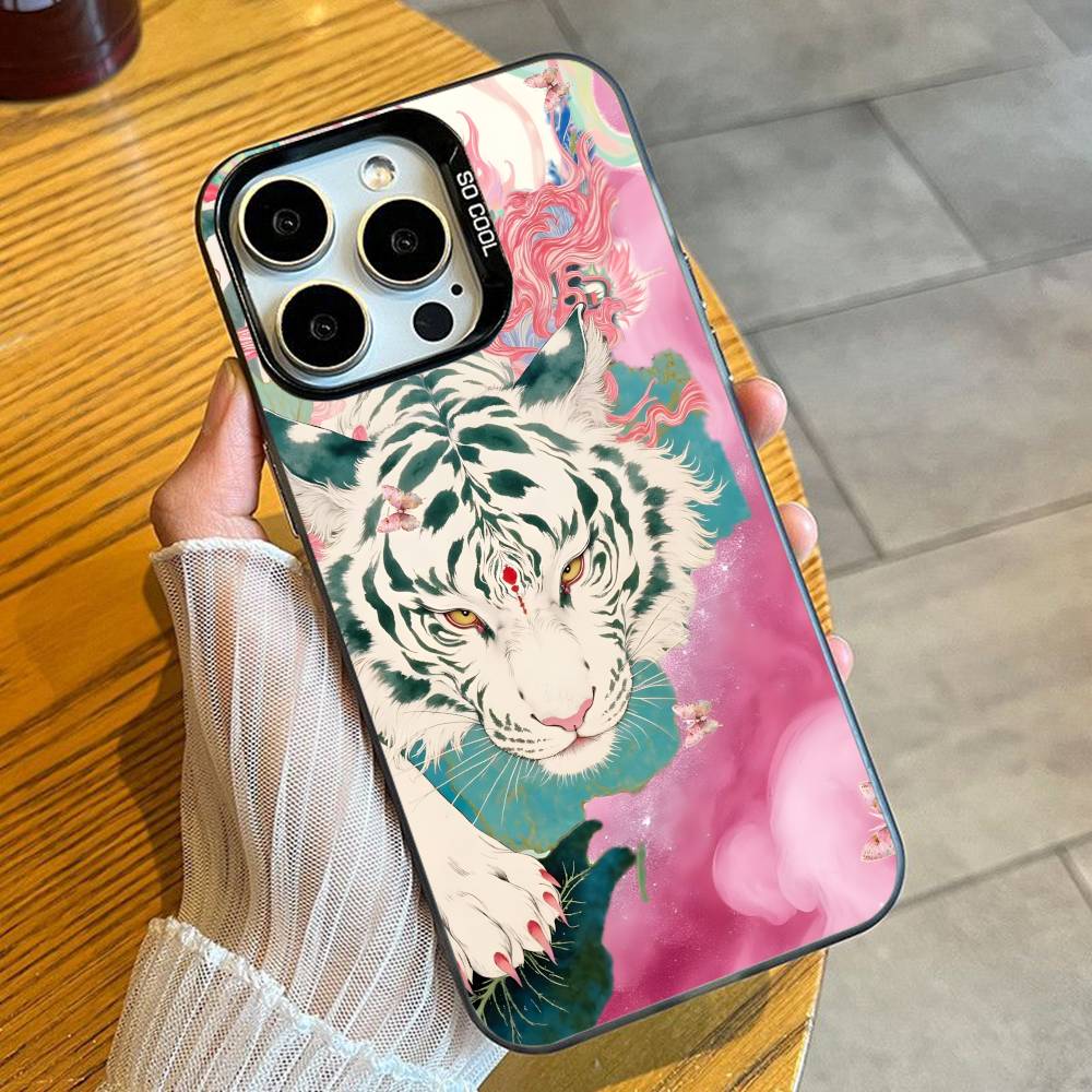Ukiyo-e Style Tiger Tortoise Print Phone Case For iPhone 16 17 15 14 12 13 Pro Max Black Candy Matte Shockproof Cover