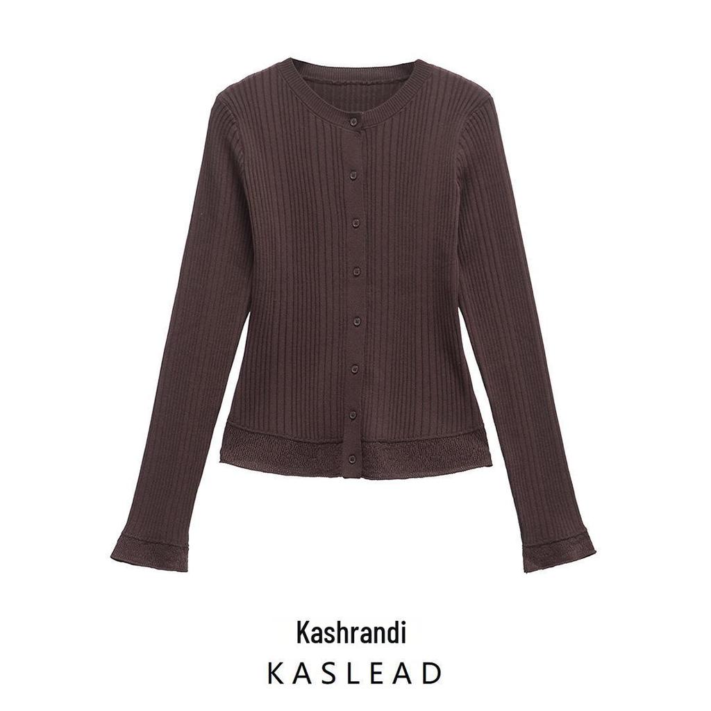 2025 Spring Women's European & American Ribbed Crew Neck Long Sleeve Knitted Cardigan