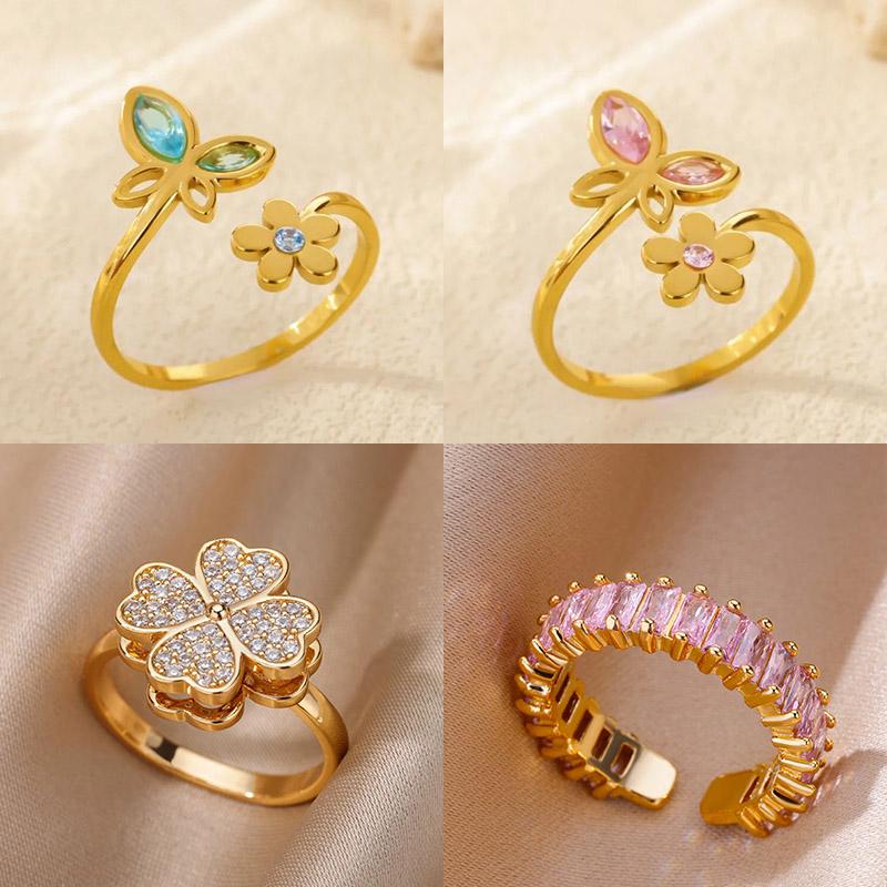 Elegant Zircon Flower Butterfly Rings For Women Gold Stainless Steel Flower Adjustable Ring Wedding Christmas Jewelry Gift