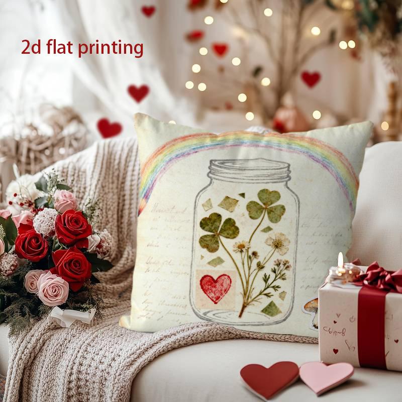Rainbow Jar with Flowers and Heart Throw Pillow Pattern Cushion Cover Suitable for Sofa Bedroom Car Pillow Cover