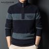 Мужская шерстяная шерстяная осенне-зимняя повседневная трикотажная рубашка с контрастным воротником на молнии, свитер с полувысоким воротником