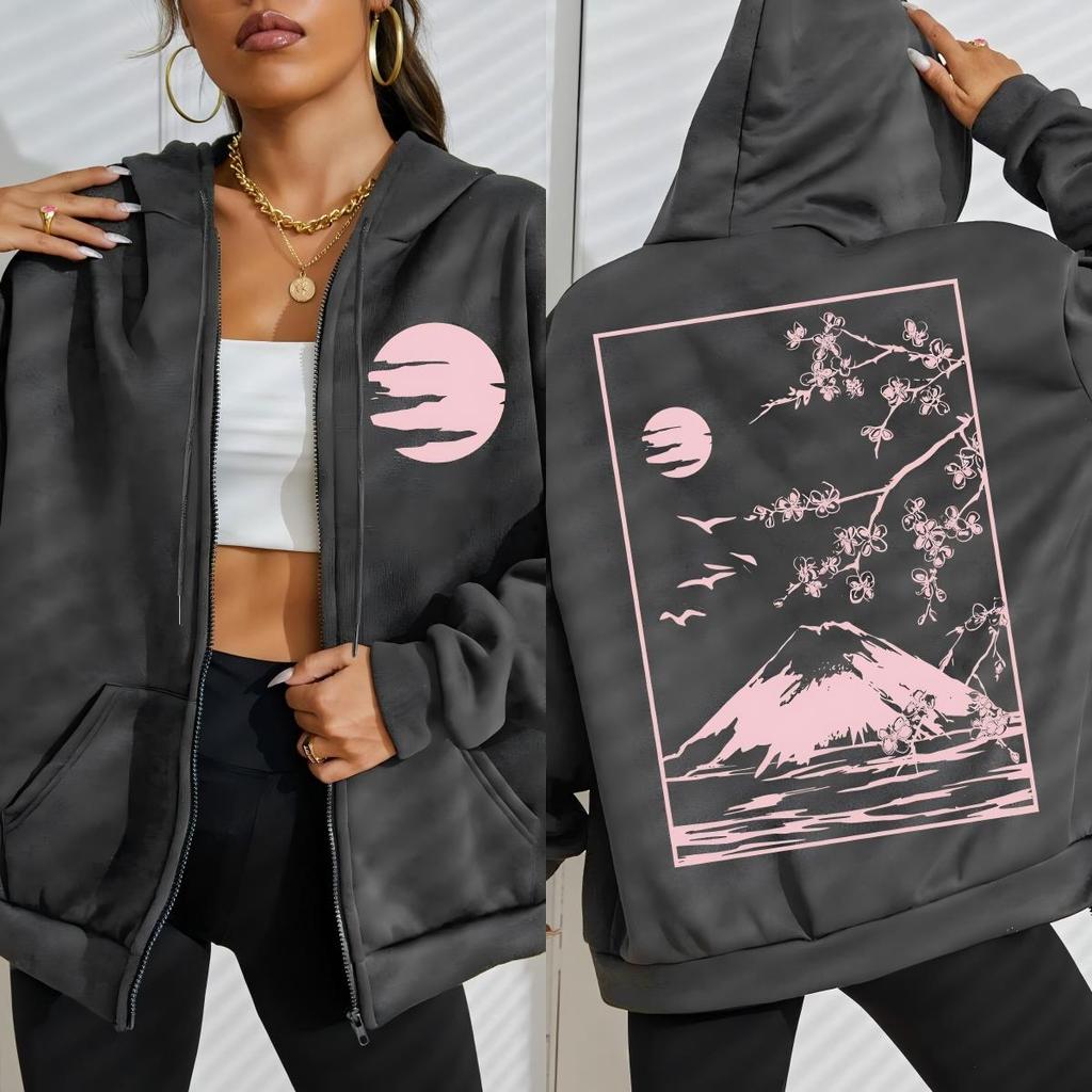 Токио Сакура Гора Фудзи Шаблон Визитки Женское Худи на Молнии Хип-Хоп Свободное Худи Мягкая Повседневная Одежда Флисовые Толстовки