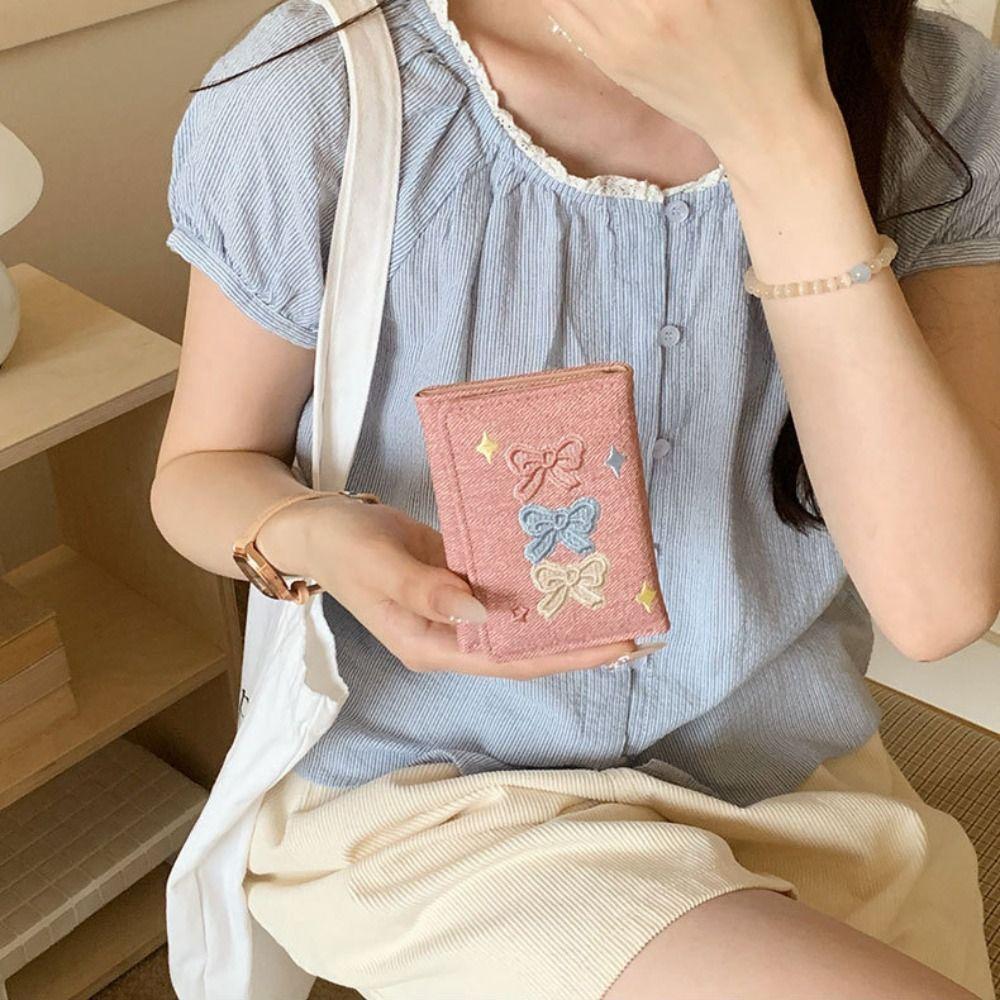PU Leather Denim Coin Purse Embroidery Leather Card Holder Versatile Three Fold Wallet Girls