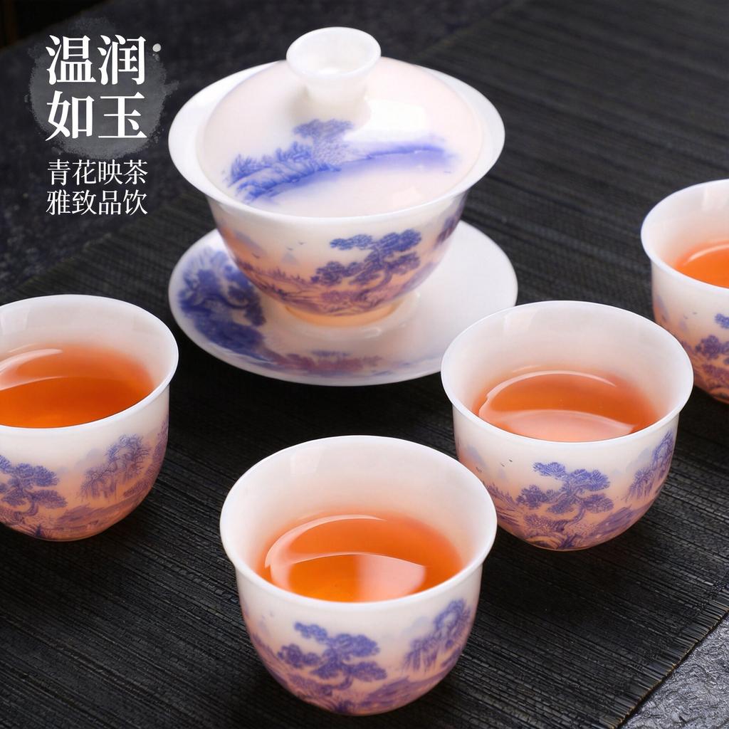High-end painted blue and white ice jade landscape kung fu tea set travel portable tea tray gift box