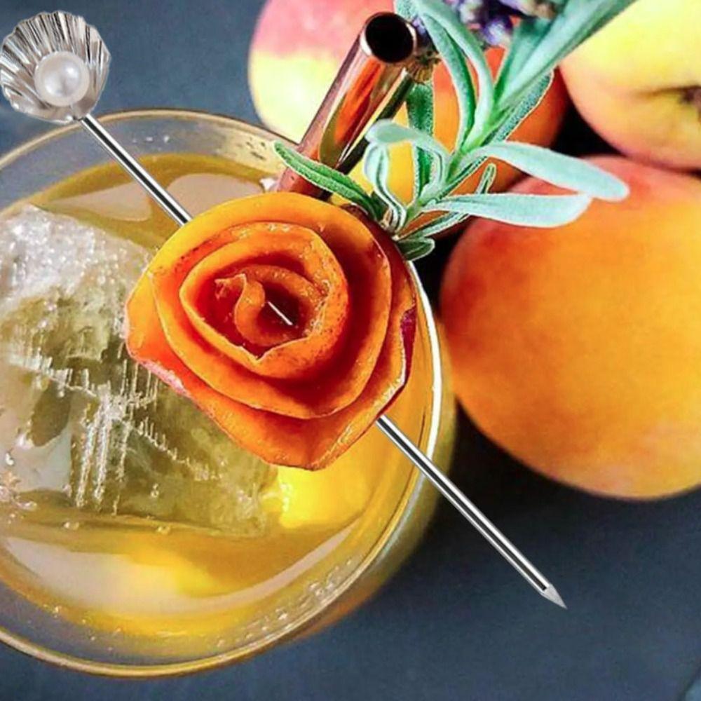 4Pcs Multifunctional Shell Pearl Design Fruit Stick 304 Stainless Steel Reusable Cocktail Pick Rust-proof Wine Needle Party