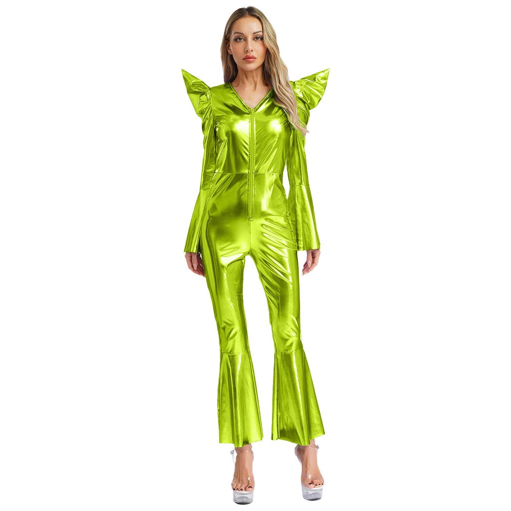 Metallic Shiny Bell Bottom Jumpsuit for Women S-3XL: Disco Style Romper with High Waist & Long Sleeves, Halloween Costume