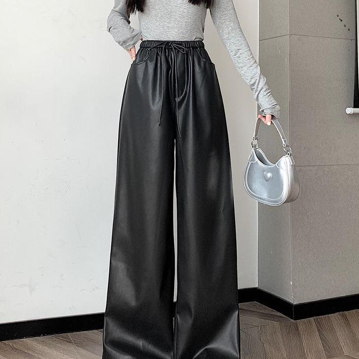 Женские кожаные брюки с широкими штанинами на кулиске - Осень/Зима