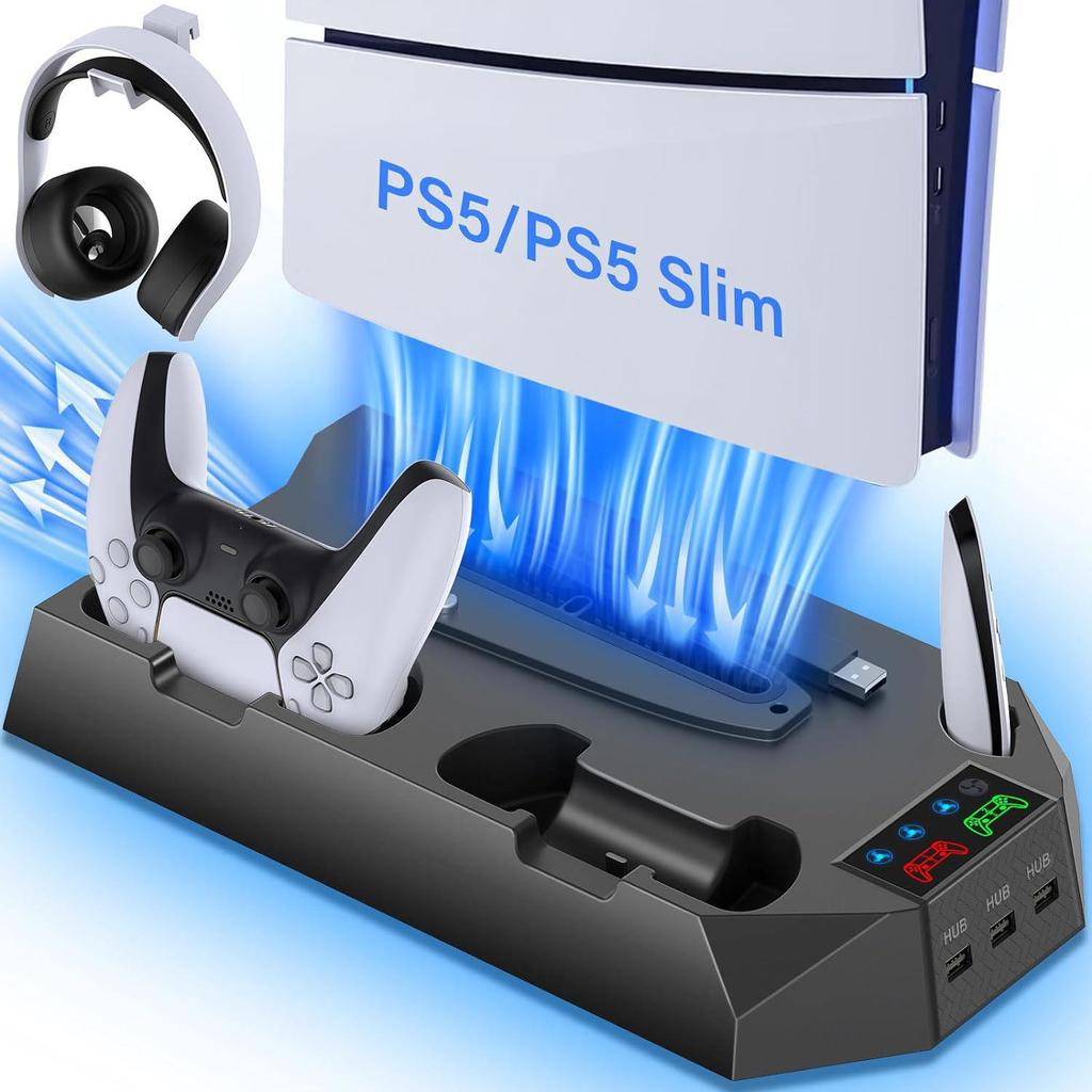 Многофункциональная охлаждающая подставка для PS5 Slim/Pro с двойным зарядным устройством