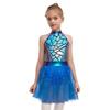 Girls Alien Costume Sequins Shiny Metallic Halter Sleeveless Built-In Crotch Press Buttons Briefs Mesh Tutu Dress