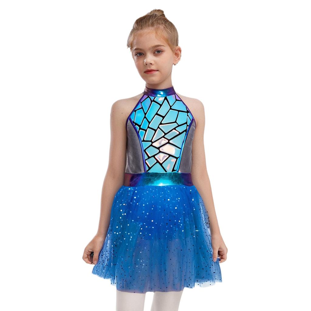 Girls Alien Costume Sequins Shiny Metallic Halter Sleeveless Built-In Crotch Press Buttons Briefs Mesh Tutu Dress