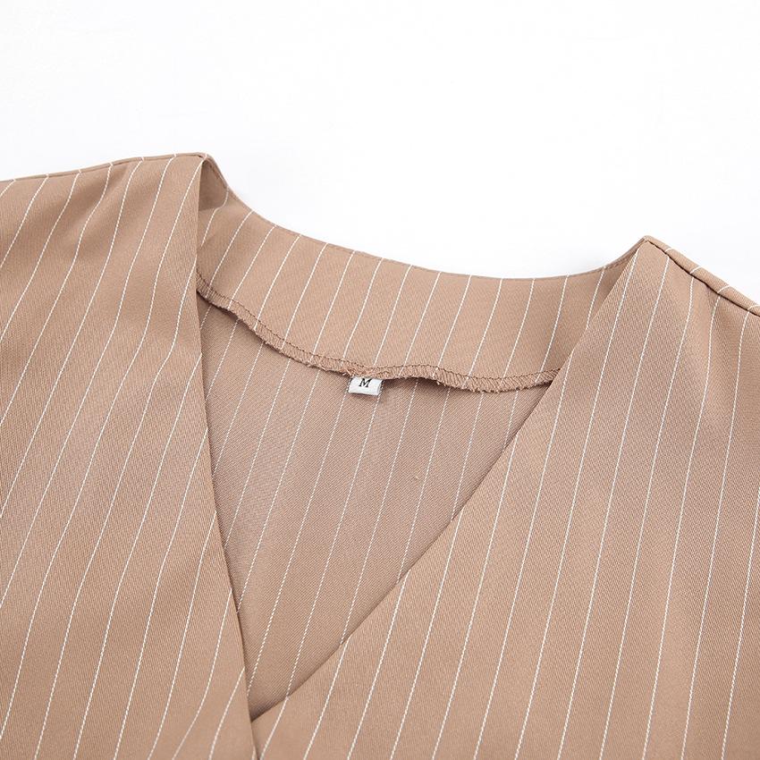 Brown Retro Style Sleeveless Striped Vest, Long Pants Set, Autumn Two-piece Set For Women