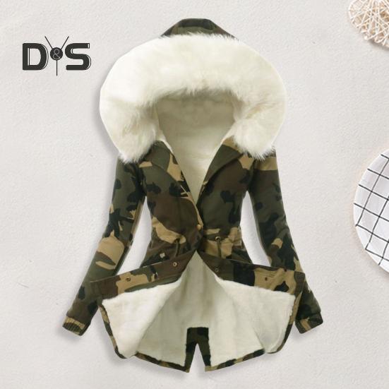 Women Winter Down Coat Faux Fur Fleece-lined Zip-up Press Button Closure Windproof Mid Length Jacket Camouflage Print Slim Fit Outerwear