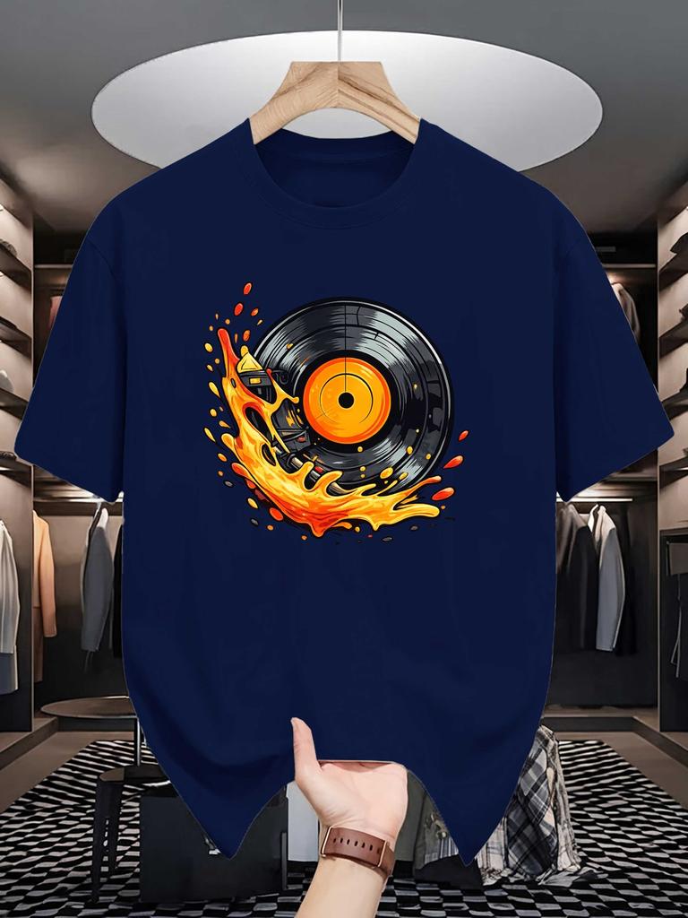 Hot Flame Vinyl Record Print Unisexs Crew Neck T Shirt Retro Music Lover Graphic Short Sleeve Casual Cotton Streetwear Tees
