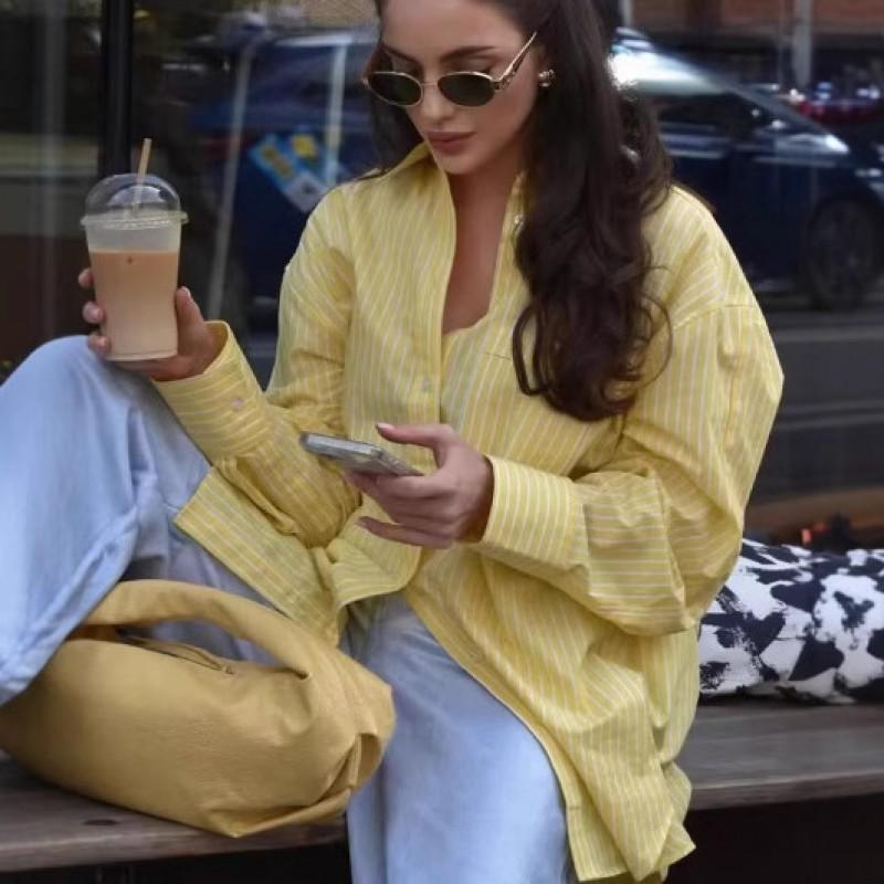 Womens Loose Striped Casual Shirt Long Sleeve 2025 Streetwear Lightweight Cotton Blend Top