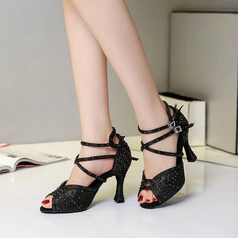Party Dance Shoes Ladies Salsa Black Red Tango Shoes Latin Dance Shoes Girls Thin Heel Open Toe Ballroom Dancing Shoes