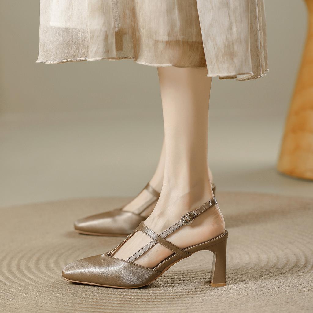 Retro Square Head Mary Jane High Heels Women's 2025 Summer New Thick Heel T-belt Hollow Temperament Versatile Bag Head Sandals