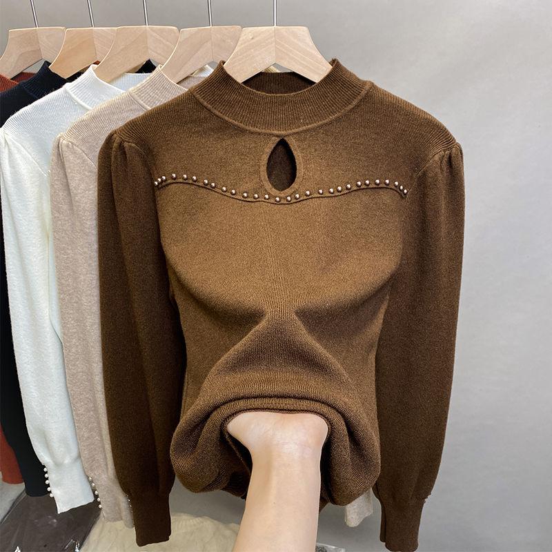 Свободный свитер с полувысоким воротником для женской осени и зимы с дизайном из бисера и вырезами, вязаный топ и пуловер