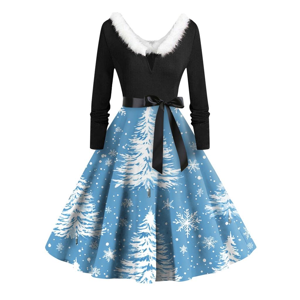 Women Vintage Long Sleeve Christmas Print 1950s Housewife Evening Party Prom Dress