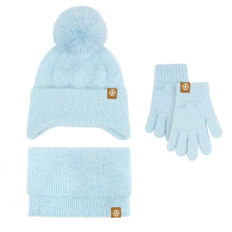 Детский унисекс шарф для тепла Зимний вязаный комплект из трех предметов для младенцев и малышей: шапка с защитой ушей, шарф, перчатки