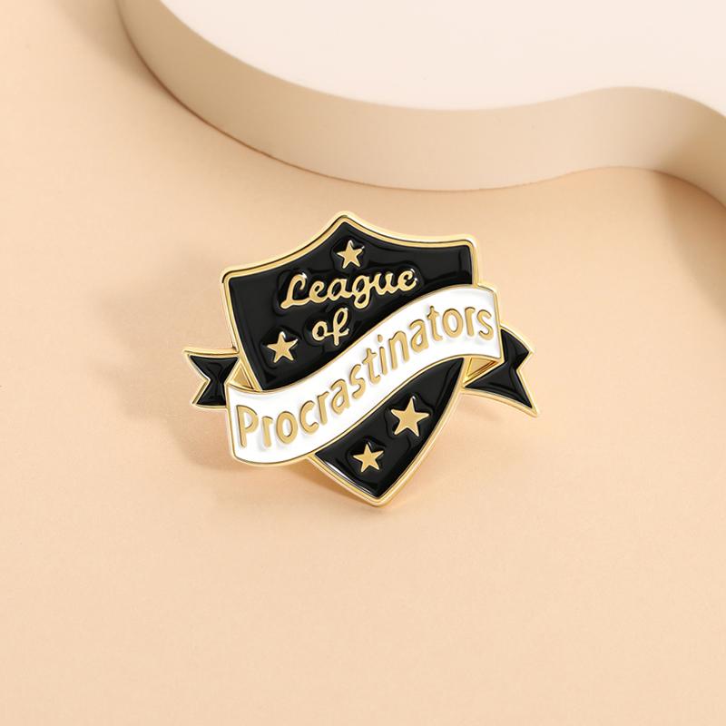 League of Procrastinators Enamel Pins Shield Collar Brooches Lapel Badges Black Punk Jewelry Decorations Gift for Friends
