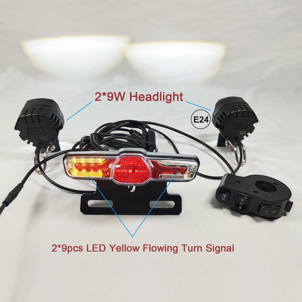 Dual Front Electric Bicycle Light Set: 9W LED Waterproof, Brake Light, Turn Signal, Horn, 24-90V.