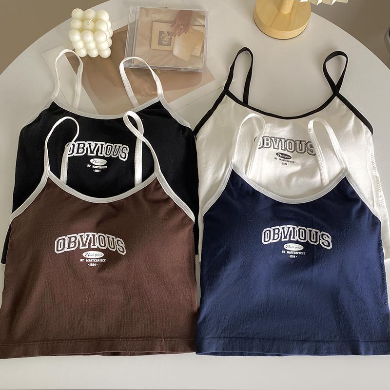 Women With Padded Bra Crop Tops O-neck Solid Crop Tops 2025 Summer Letter Printing Tops Spaghetti Camisole
