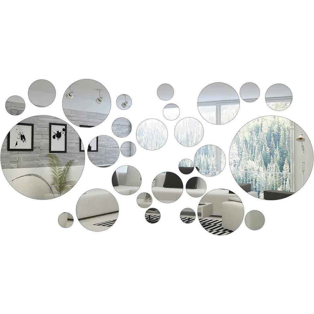 32Pcs Silver Mirror Decals Circle Home Background Decoration 3D Mirror Wall Sticker Living Room